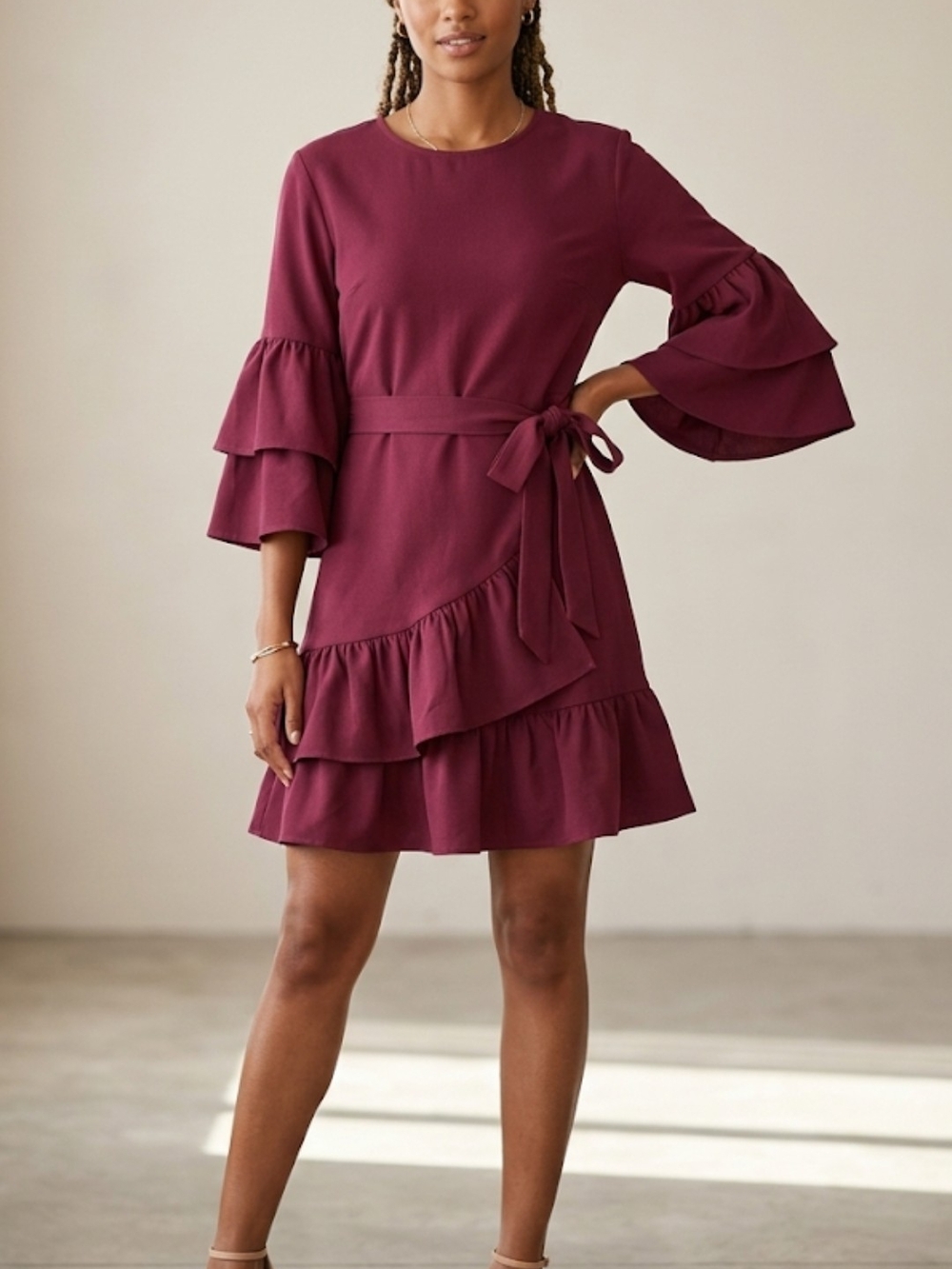 Habitual Burgundy Ruffled Tie-Waist Mini Dress